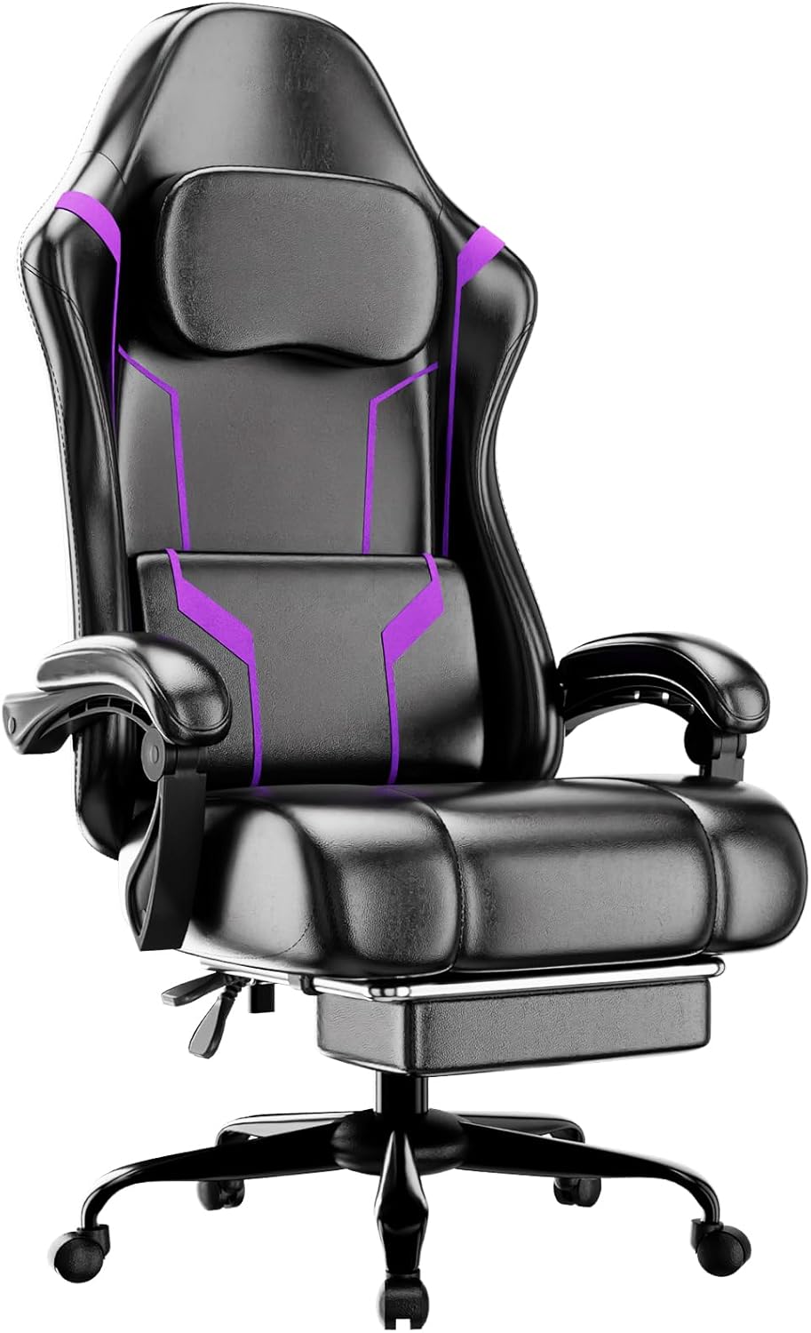 Gaming Chair Cushion - ポケットスプリングクッションとフットレスト付き人間工学に基づいたゲーミングチェア、高さ調節可能な回転式コンピューターチェア、ホームオフィス用、パープル