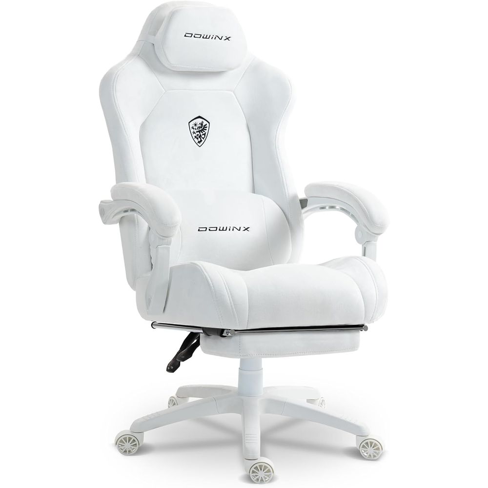 Gaming Chair Cushion - 人間工学に基づいたハイバックスエードゲーミングチェア、スプリングクッションとフットレスト付き、耐荷重440ポンド、ホワイト