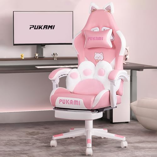 ピンクのゲーミングチェア、猫耳と猫足のランバークッション付き - Gaming Chair Cushion のレビューと価格