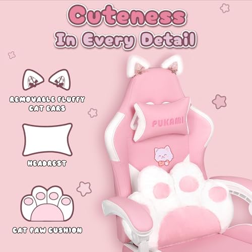 ピンクのゲーミングチェア、猫耳と猫足のランバークッション付き - Gaming Chair Cushion のレビューと価格